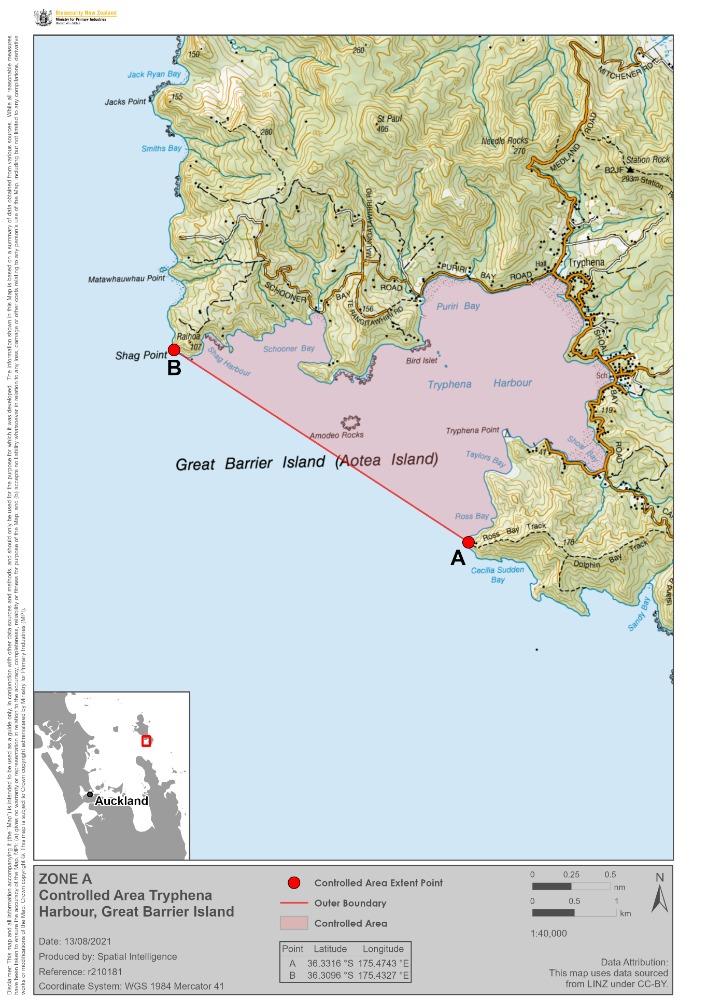 Zone A - Tryphena Harbour - Aotea Great Barrier - declared to try to prevent the movement of caulerpa brachypus photo copyright Biosecurity NZ taken at  and featuring the  class