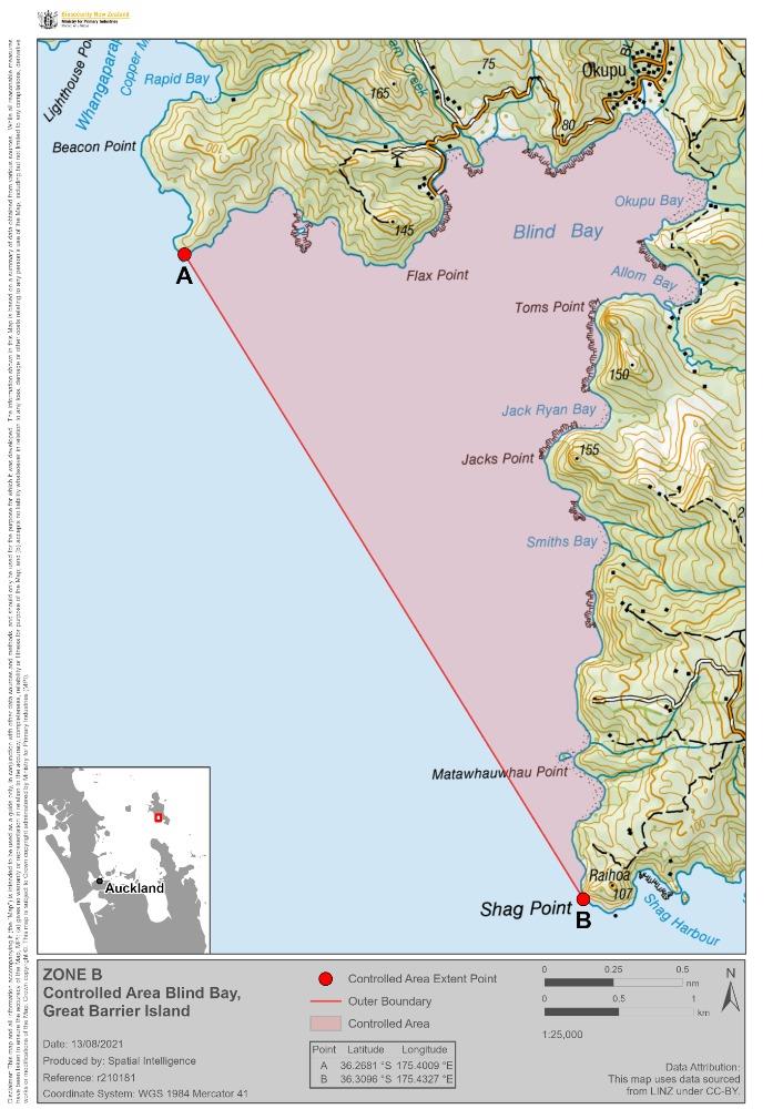 Zone B - Blind Bay - Aotea Great Barrier - declared to try to prevent the movement of caulerpa brachypus photo copyright Biosecurity NZ taken at  and featuring the  class