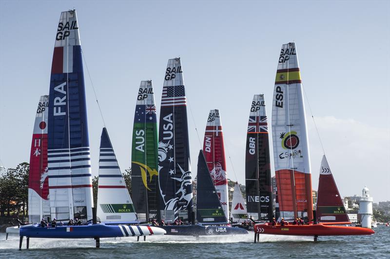 Spain SailGP Team helmed by Phil Robertson leads the fleet at the start of a practice race ahead of Sydney SailGP photo copyright Lloyd Images for SailGP taken at  and featuring the  class
