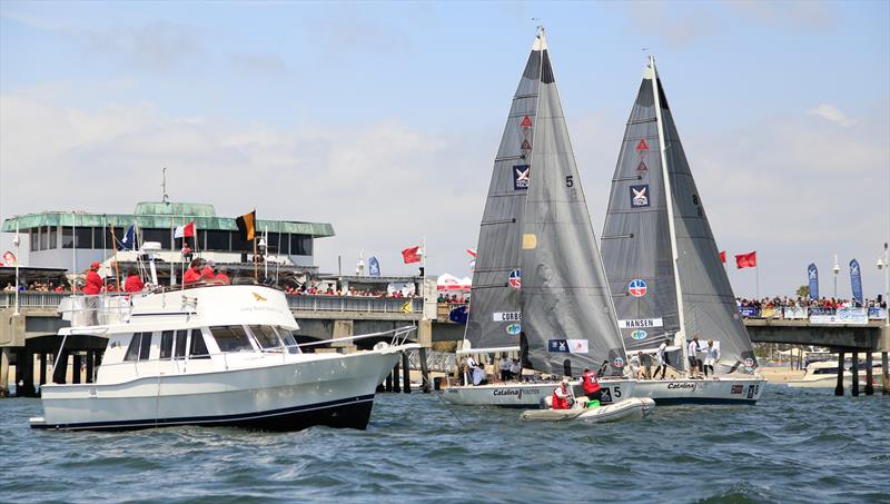 Quarter Finals Action Between Bjorn Hansen, SWE and Rueben Corbett, NZL on day 4 of the Congressional Cup photo copyright Bob Grieser / www.outsideimages.com taken at Long Beach Yacht Club and featuring the Match Racing class