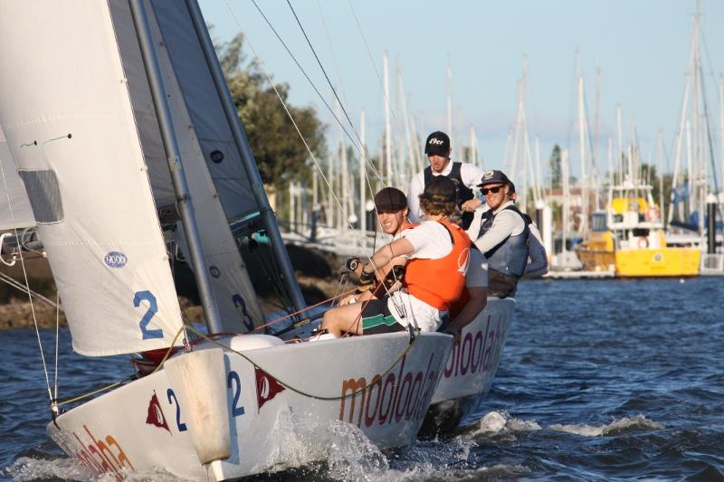 Sly and Price in the last and tight match on Day 1 of the Australian Youth Match Racing Championship 2015 photo copyright Tracey Johnstone taken at Mooloolaba Yacht Club and featuring the Match Racing class