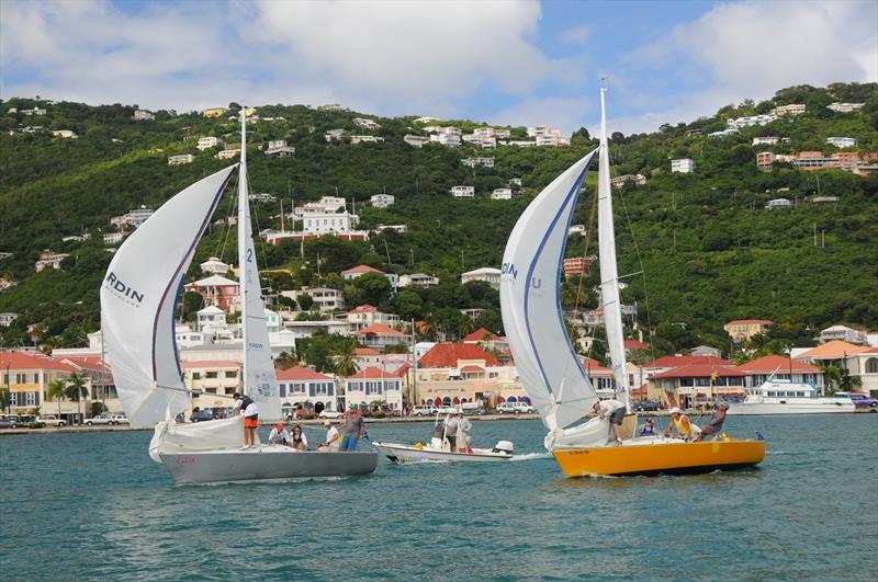 Close racing at the 2013 Carlos Aguilar Match Race in the Charlotte Amalie Harbor, St. Thomas photo copyright Dean Barnes taken at St. Thomas Yacht Club and featuring the Match Racing class