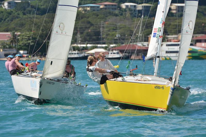 Renée Groeneveld (left) had a tough quarterfinal against Josefine Boel Rasmussen (right), in the Carlos Aguilar Match Race, the 5th and final event of the 2016 WIM Series photo copyright Dean Barnes / CAMR taken at St. Thomas Yacht Club and featuring the Match Racing class