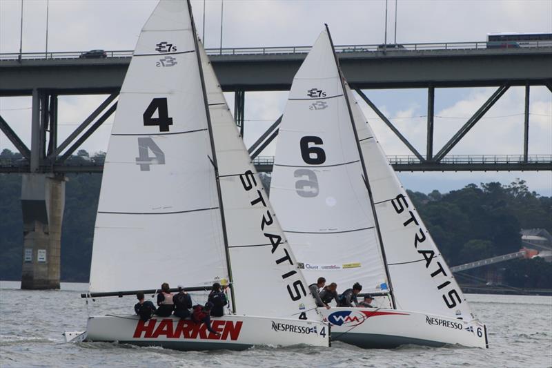 Wilson leads Farquharson on day 3 of the 2018 Nespresso Youth International Match Racing Cup photo copyright Andrew Delves taken at Royal New Zealand Yacht Squadron and featuring the Match Racing class