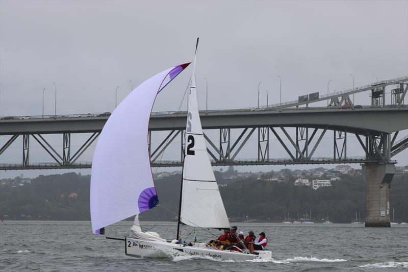 Takahashi downwind on the final day of the 2018 Nespresso Youth International Match Racing Cup photo copyright Andrew Delves taken at Royal New Zealand Yacht Squadron and featuring the Match Racing class
