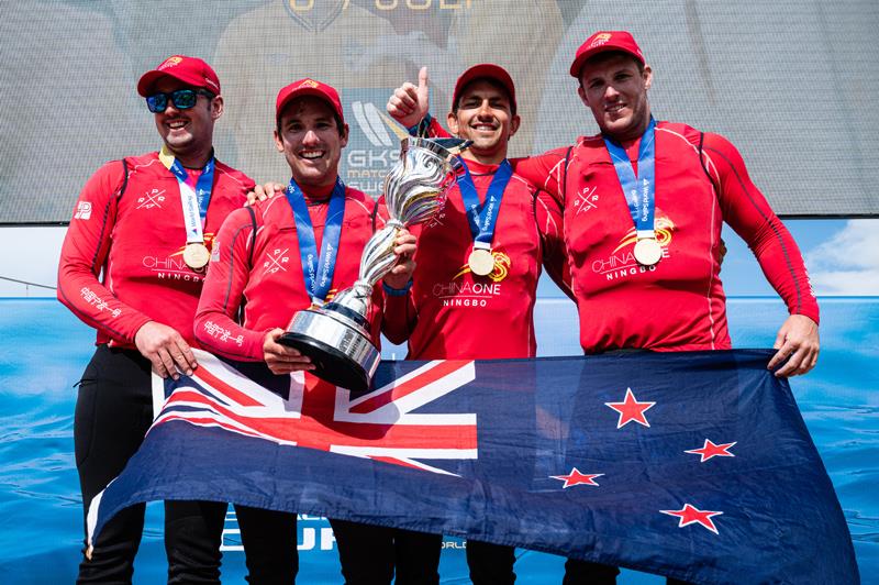 Skipper Phil Robertson (second from left) and crew are all smiles after winning the 2019 Open Match Racing World Championship photo copyright Drew Malcolm / ChinaOne.Ningbo taken at  and featuring the Match Racing class