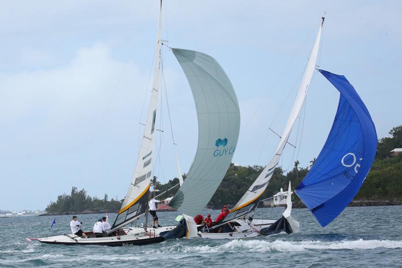 Chris Poole's Riptide Racing has a piece of Phil Robertson's China One Ningbo at the second windward mark of their Group A match, which Poole would go on to win on day 2 of the 70th Bermuda Gold Cup and 2020 Open Match Racing Worlds - photo © Charles Anderson