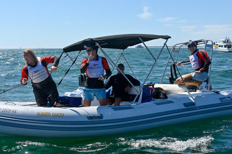 Bosun Greg Newman picked up Team Petersen after their “victory dunk”  in the Pacific Ocean at the Governor's Cup 2021 photo copyright Tom Walker taken at Balboa Yacht Club and featuring the Match Racing class