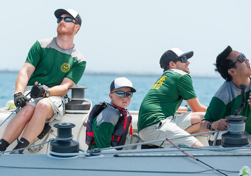 11-year-old Jack Snow rides with Sam Gilmour (AUS) - Congressional Cup - Day 1 - Long Beach Yacht Club - April 18, 2018 photo copyright Doug Gifford taken at Long Beach Yacht Club and featuring the Match Racing class