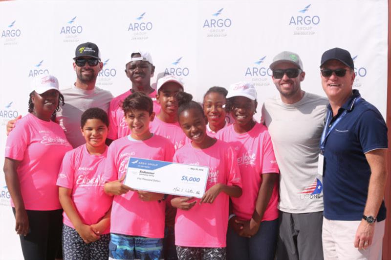 Gary Grose (right), of Argo Group, joins Taylor Canfield (to his left), Mike Buckley (second from left) and members of the Endeavour Community Sailing Programme - photo © Charles Anderson / RBYC