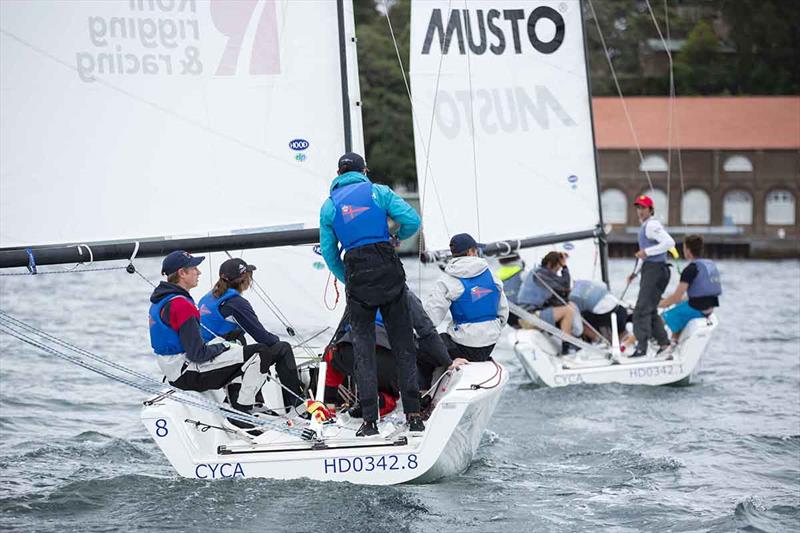 CYCA's Finn Tapper in a tight race against RPAYC's Niall Powers in the petit finals - Sharp Australian Youth Match Racing Championship 2018 photo copyright Cruising Yacht Club of Australia taken at Cruising Yacht Club of Australia and featuring the Match Racing class