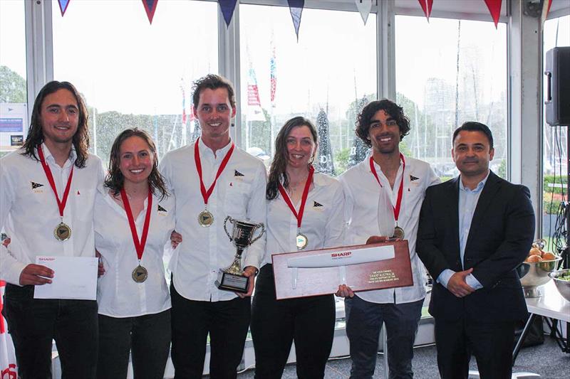 Winning team of Eric Sparkes, Emma Harrison, Tom Grimes, Jessica Grimes and Dante Olivieri with SHARP representative Joe Psails - Sharp Australian Youth Match Racing Championship 2018 photo copyright Cruising Yacht Club of Australia taken at Cruising Yacht Club of Australia and featuring the Match Racing class