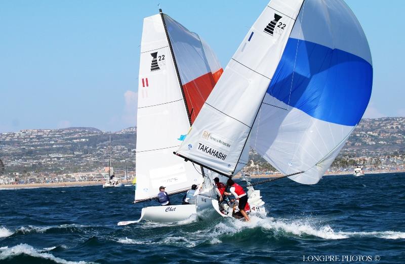 Leonard Takahashi (NZL) avoids a `wipeout` against Harry Price (AUS) downwind in finals of 2018 Governor's Cup, ultimately won by Price photo copyright Mary Longpre taken at Balboa Yacht Club and featuring the Match Racing class