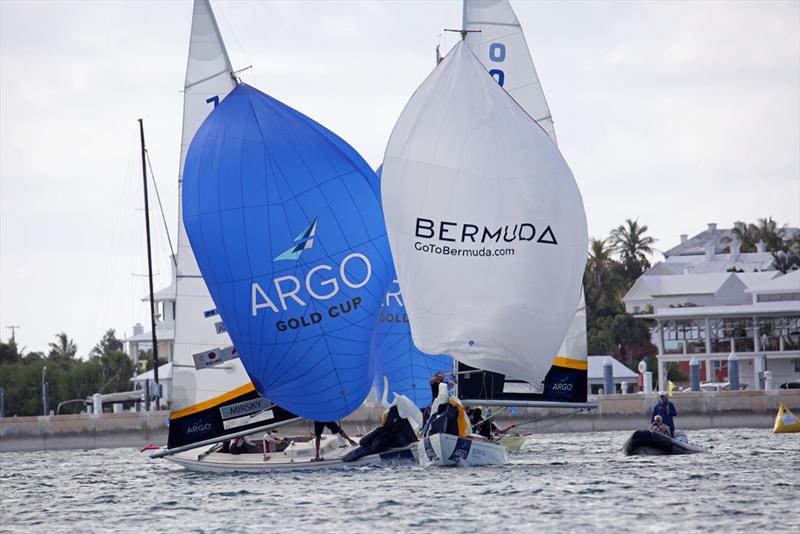 Torvar Mirsky (left) and Maxime Mesnil engage in a downwind duel late in the afternoon of Day 1. Despite holding a penalty, Mesnil would win the match photo copyright Charles Anderson taken at Royal Bermuda Yacht Club and featuring the Match Racing class