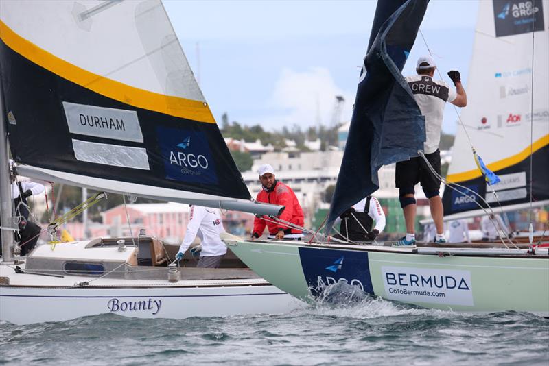 Bermudian skipper Kelsey Durham keeps an eye on the bow of Nicklas Dackhammar during a match in Flight 13 - Argo Group Gold Cup photo copyright Charles Anderson taken at Royal Bermuda Yacht Club and featuring the Match Racing class