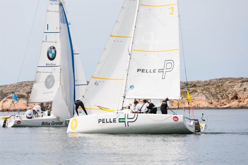 Ian Williams and Team GAC Pindar round the top mark ahead of Pauline Courtois and Match in Pink by Normandie Elite Team on day 1 of the Midsummer Match Cup  photo copyright Joakim Bråse taken at  and featuring the Match Racing class