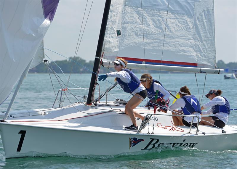 The winning crew (from left) Ali Blumenthal, Krysia Pohl, Beka Schiff and Allie Blecher complete a roll jibe during the first day of racing at the U.S. Women's Match Racing Championship - photo © Martin Chumiecki / Element Photography
