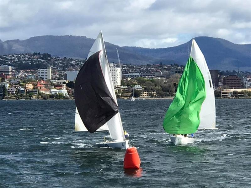 Close contest to the leeward mark in todays semi-finals - Australian Open Match Racing Championship photo copyright Krissy Logan and Nick Hutton taken at Royal Yacht Club of Tasmania and featuring the Match Racing class