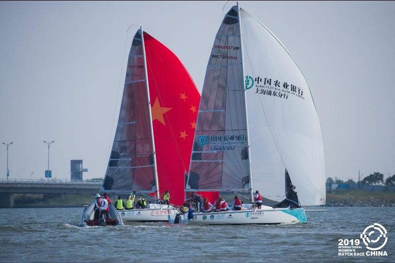 Seven Feet Team (RUS) and 2.0 Women's Racing (NZL) racing on day one of the 2019 China International Women's Match Race photo copyright CIWMR 2019 taken at  and featuring the Match Racing class
