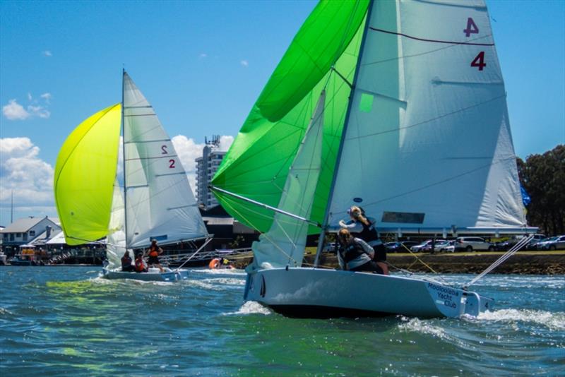 Challenging downwind conditions for Danielle Kennedy (MYC, left) and Nina Long (NCYC, right) - Australian Women's Match Racing Championship photo copyright Kerry Lorimer taken at Mooloolaba Yacht Club and featuring the Match Racing class