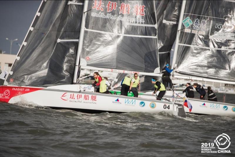 Tense prestart action between the Russian Seven Feet Team (near boat) and the French Match in Pink by Normandy Elite Team (far boat) - 2019 China International Women's Match Race, final day photo copyright CIWMR Media taken at  and featuring the Match Racing class