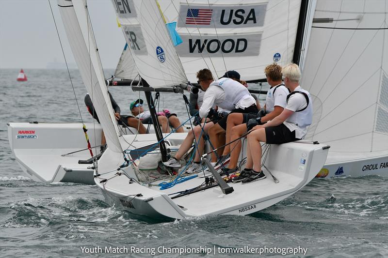 Emil Kjaer with crew Mads Poder Witzke, Bastian Baech Sorensen, Ellen Schouw Nielsen  (DEN) and David Wood with Max Mayol, Daniel Pegg, Marbella Marlo (USA) - Youth Match Racing World Championship 2021 - photo © Tom Walker
