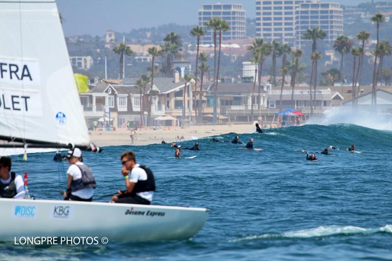 Waiting for wind. Thimote Polet with Gaultier Tallieu, Emilien Polaert, Kenza Coutard - Youth Match Racing Worlds 2021 photo copyright Mary Longpre, Longpre Photos taken at Balboa Yacht Club and featuring the Match Racing class