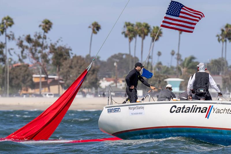 Chris Poole, USA (Riptide Racing) drag their kite on 57th Congressional Cup Day 4 photo copyright Ian Roman / WMRT taken at Long Beach Yacht Club and featuring the Match Racing class