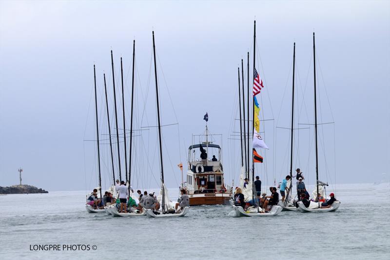 BYC Race Committee boat DEFIANT towing out racers to start line on day 1 of the 55th Governor's Cup photo copyright Longpré Photos taken at Balboa Yacht Club and featuring the Match Racing class