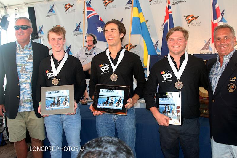 Governor's Cup winners Jordan Stevenson, Mitch Jackson, and George Angus (NZL) with BYC Rear Commodore Randy Taylor and Commodore Paul Blank photo copyright Longpre Photos taken at Balboa Yacht Club and featuring the Match Racing class