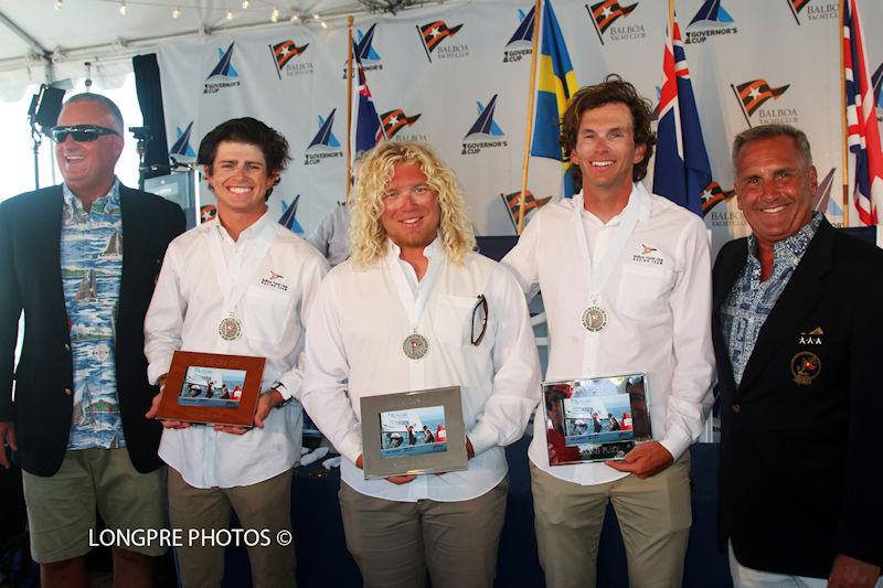 55th Governor's Cup second place: Jeffrey Petersen, Max Brennan, and Scott Mais (USA) with BYC Rear Commodore Randy Taylor and Commodore Paul Blank photo copyright Longpre Photos taken at Balboa Yacht Club and featuring the Match Racing class