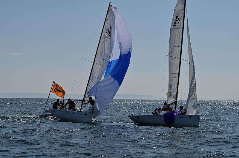 Team Stevenson (NZL) crossing the finish line slightly in front of Team Petersen (USA) to win the 55th Governor's Cup photo copyright Longpre Photos taken at Balboa Yacht Club and featuring the Match Racing class