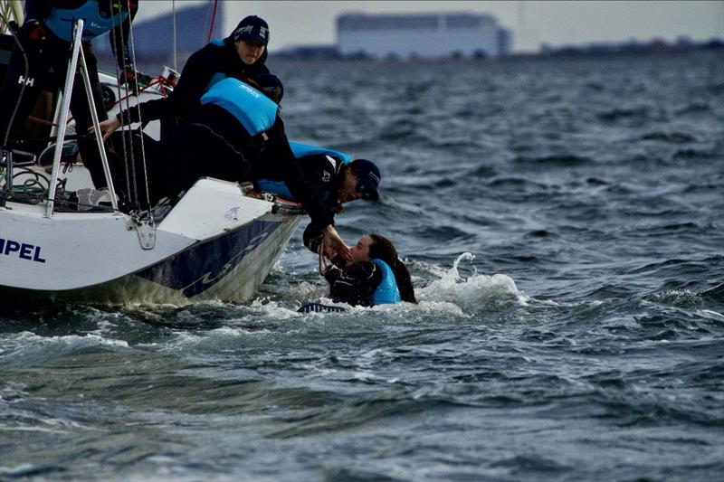 Juliet Costanzo (AUS) and the Easy Tiger Racing retrieving a crew member after falling overboard at 2022 Women's Match Race Denmark - photo © WMRT