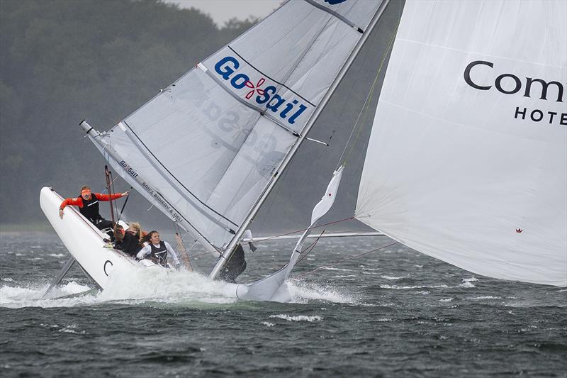 Julia Aarsten and her crew had a spectacular crash on Monday during the 2023 Women's Match Racing World Championship practice session photo copyright Mick Anderson taken at Middelfart Sailing Club and featuring the Match Racing class