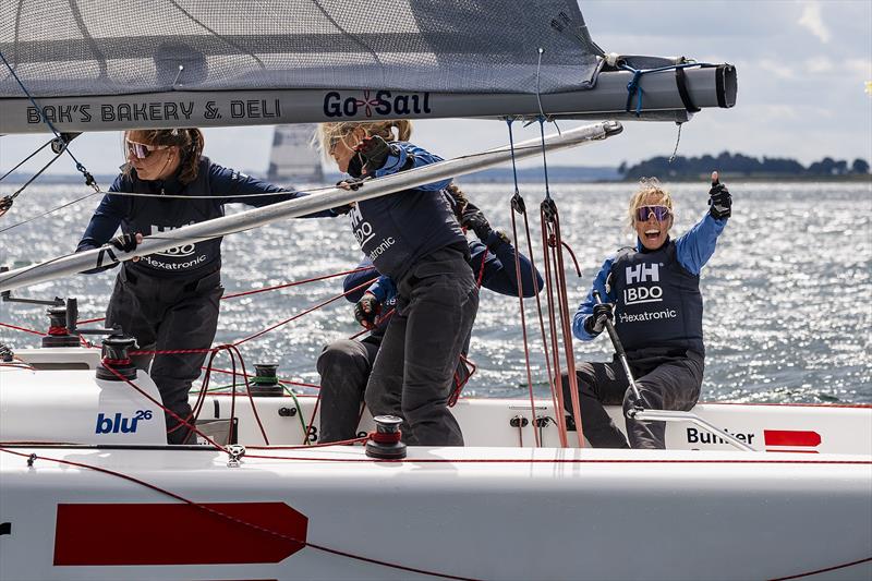 Anna Östling celebrates after her impressive come-back on day 3 of the 2023 Women's Match Racing World Championship - powered by Bunker One photo copyright Mick Anderson taken at Middelfart Sailing Club and featuring the Match Racing class