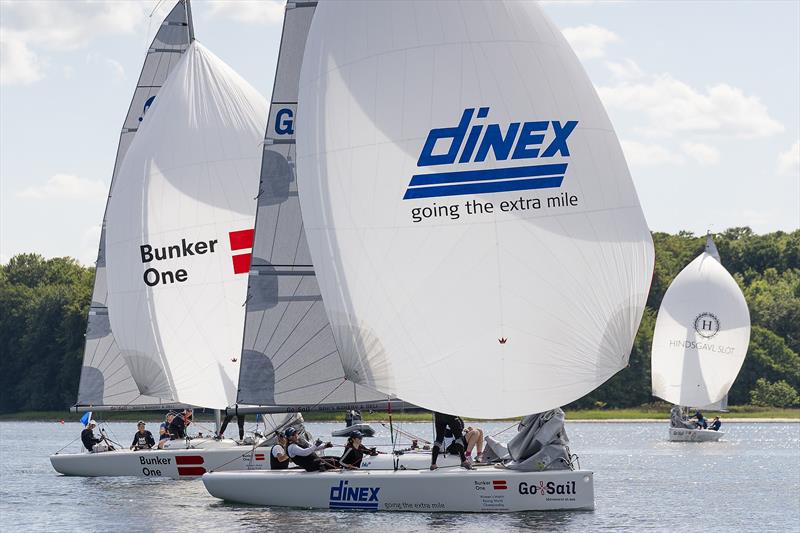 Pauline Courtois ahead of Anna Östling in the final race of the 2023 Women's Match Racing World Championship - powered by Bunker One photo copyright Mick Anderson taken at Middelfart Sailing Club and featuring the Match Racing class