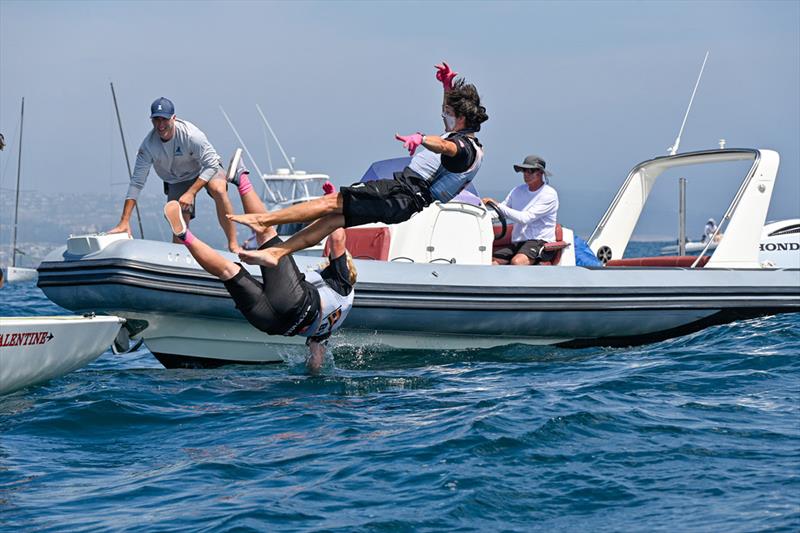 Jeffrey Petersen (USA) and his crew, Max Brennan (USA) - winners of the 56th Governor's Cup taking the traditional plunge after crossing the finish line  photo copyright Tom Walker Photography taken at Balboa Yacht Club and featuring the Match Racing class