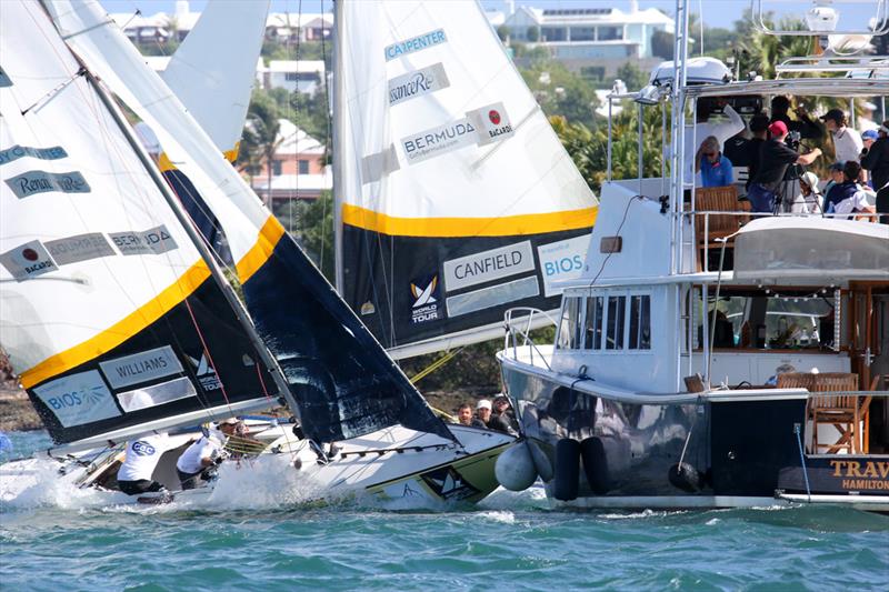 The Race 2 pre-start of the 2020 Bermuda Gold Cup final, where Ian Williams collides with the commentary boat after being hounded by Taylor Canfield - photo © Charles Anderson