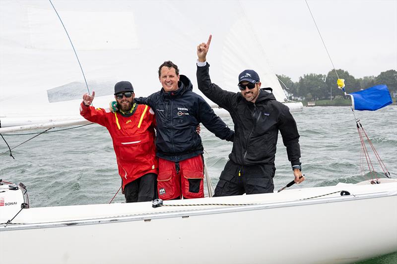 Austin Colpaert, Andres Guerra, and skipper Chris Poole celebrate after their win at the 2023 U.S. Match Racing Championship photo copyright Lexi Pline / US Sailing taken at  and featuring the Match Racing class
