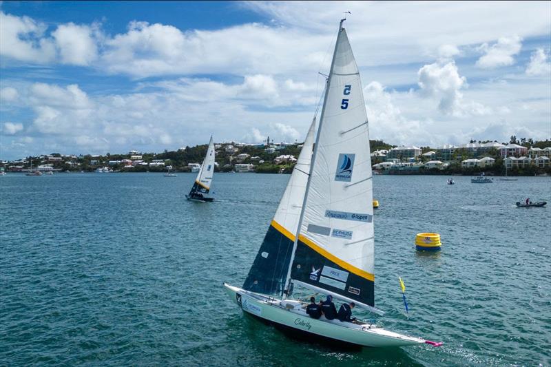 Harry Price's Down Under Racing crew trails Celia Willison's Edge Racing New Zealand on the first upwind leg of their Group 1, Flight 4 match at the 71st Bermuda Gold Cup - photo © Ian Roman / WMRT