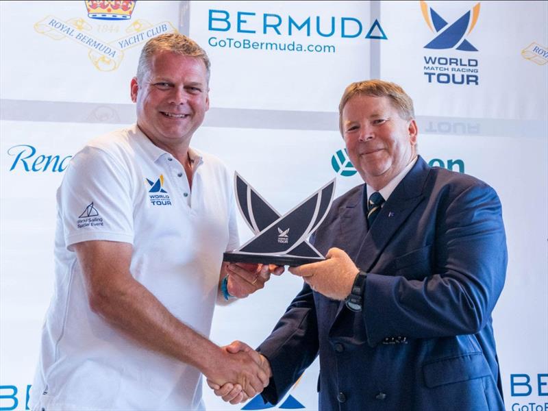 Bermuda Gold Cup 2023: World Match Racing Tour Executive Director James Pleasance presenting a WMRT recognition award to RBYC Commodore Craig Davis photo copyright Ian Roman / WMRT taken at Royal Bermuda Yacht Club and featuring the Match Racing class