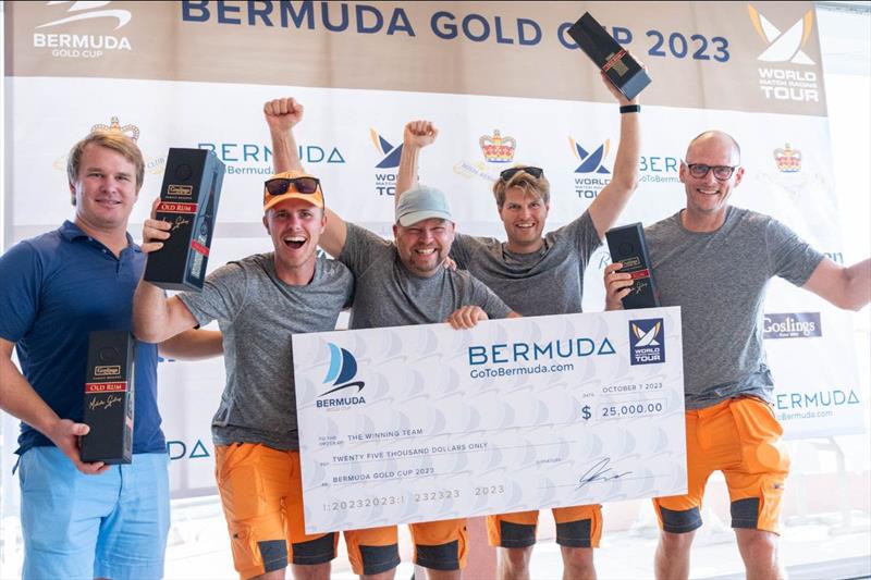 Ambrose Gosling presenting 2023 Bermuda Gold Cup champions Berntsson Sailing Team (Patrik Sturesson, Johnie Berntsson/Skipper, Herman Andersson and Björn Lundgren) photo copyright Ian Roman / WMRT taken at Royal Bermuda Yacht Club and featuring the Match Racing class