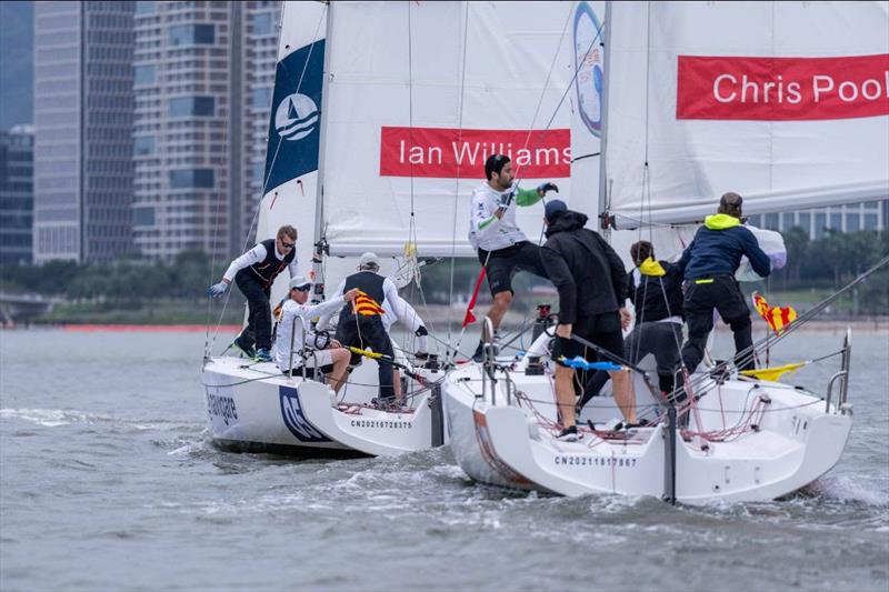 Ian Williams (GBR) Chinaone.Ningbo (crew Jon Gundersen, Richard Sydenham, and Gerrard Mitchell) vs Chris Poole (USA) Riptide Racing (crew Joachim Aschenbrenner, Tomas Dietrich, Bernardo Freitas) - 2023 World Match Racing Tour Final, Day 4 - photo © Ian Roman / WMRT