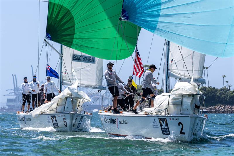 Dave Hood leads Nick Egnot-Johnson downwind in their quarter-final match - 59th Congressional Cup photo copyright Ian Roman/WMRT taken at Long Beach Yacht Club and featuring the Match Racing class