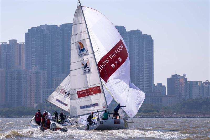 USA’s Chris Poole (Riptide Racing) and Gavin Brady (True Blue Racing) battle it out in the Petit-final for podium position - 2025 Macao Match Cup photo copyright Ian Roman / WMRT taken at  and featuring the Match Racing class