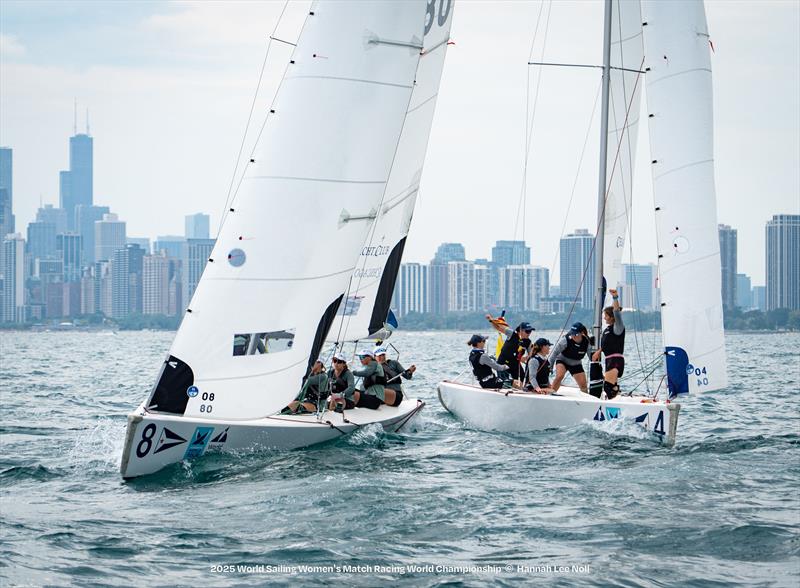 Megan Thomson and the 2.0 team to windward of Pauline Courtois (FRA) and Match in Pink - Gold medallists - 2025 Wormens Match Racing World Tour - Chicago - September 2025 photo copyright Hannah Noll taken at Chico Yacht Club and featuring the Match Racing class