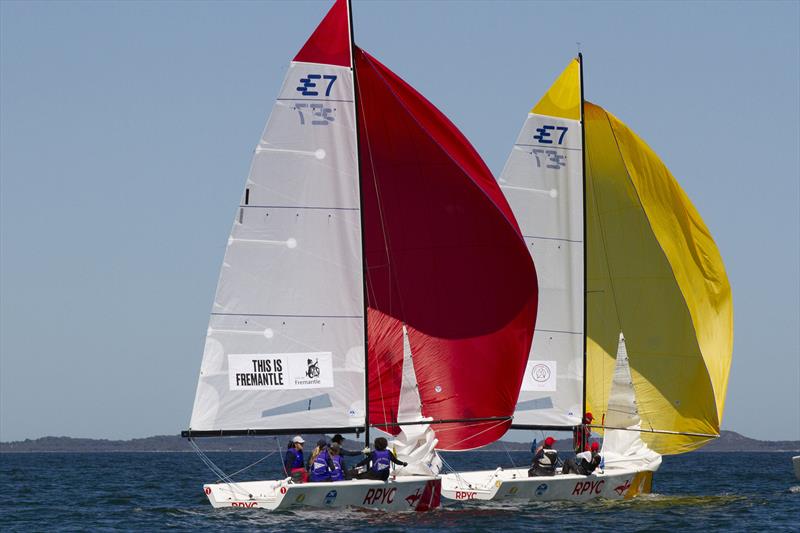 Heidi Ferguson (RSYS) red Kirstin Norris (SoPYC) yellow - Australian Women's Match Racing Championship photo copyright Bernie Kaaks taken at Fremantle Sailing Club and featuring the Match Racing class