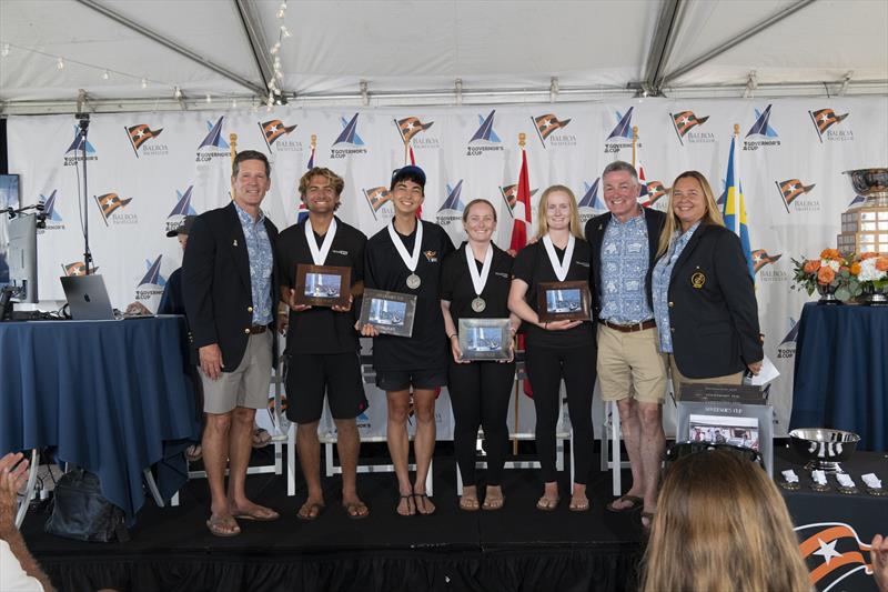 (l-r) Eddie Kliem, Kai Brennan, Siena Nichols, Maddie Nichols, Commodore Keith Duarte, R/C Christine Gribben - Governor's Cup - Balboa Yacht Club - July 30, 2026 - photo © Tom Walker