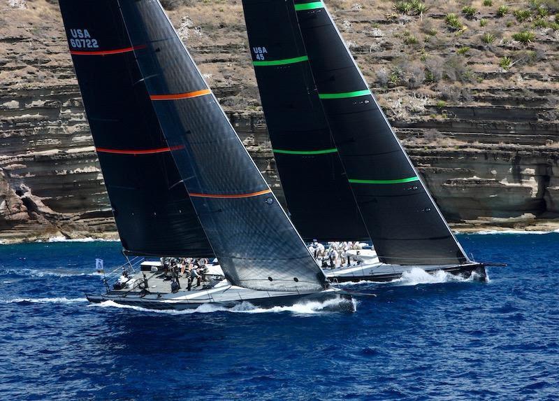 Proteus, winner of the 2016 RORC Caribbean 600 and Hap Fauth's Bella Mente at the start of the RORC Caribbean 600 photo copyright RORC / Tim Wright taken at Antigua Yacht Club and featuring the Maxi 72 Class class