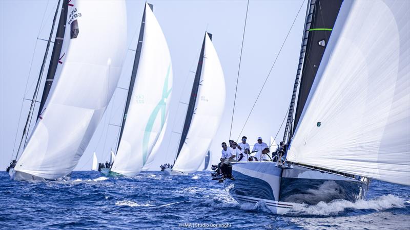 Hap Fauth's Bella Mente leads the former Maxi 72 fleet on day 2 of the Maxi Yacht Rolex Cup photo copyright IMA / Studio Borlenghi taken at Yacht Club Costa Smeralda and featuring the Maxi 72 Class class